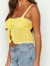 Basic Ruffles Lace Trim Casual Sleeveless Strap Tie-up Tank Streetwear Clubwear Crop Tops